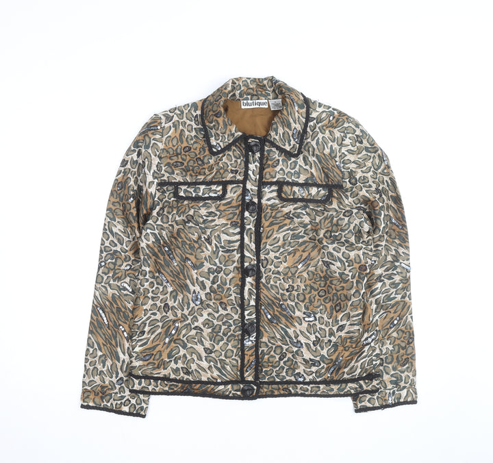 Blutique Women Animal Print Silk Sequin Short Jacket Size S Brown