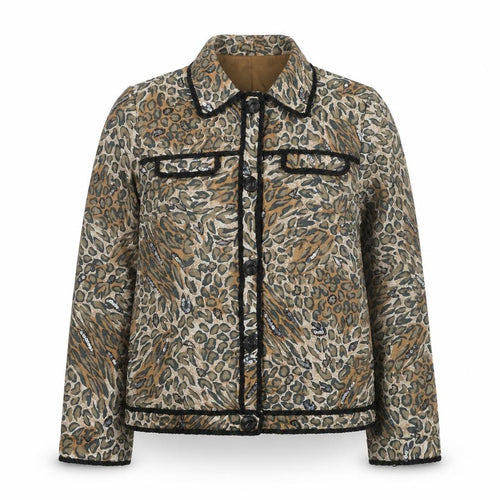 Blutique Women Animal Print Silk Sequin Short Jacket Size S Brown