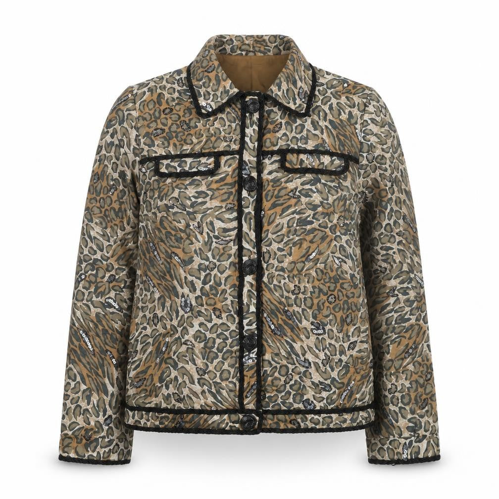 Blutique Women Animal Print Silk Sequin Short Jacket Size S Brown