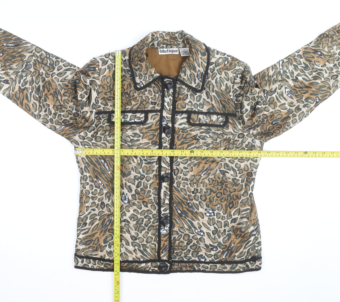 Blutique Women Animal Print Silk Sequin Short Jacket Size S Brown