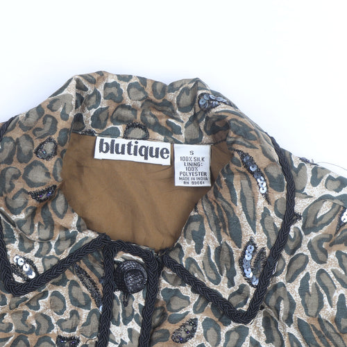 Blutique Women Animal Print Silk Sequin Short Jacket Size S Brown