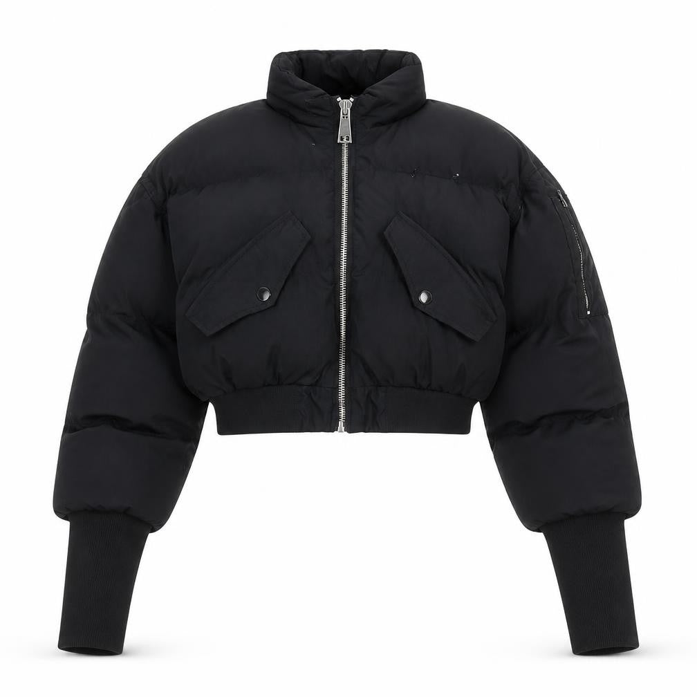 Front view of LAPP women’s black xs cropped puffer jacket with zip and pockets