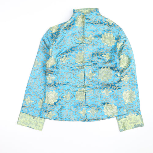 TANG YI Women's Blue Satin Floral Kimono Blouse Size S