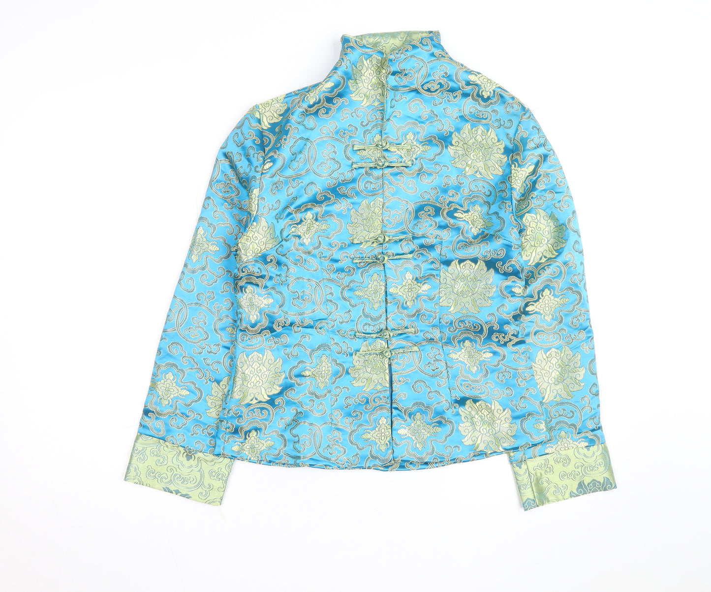 TANG YI Women's Blue Satin Floral Kimono Blouse Size S