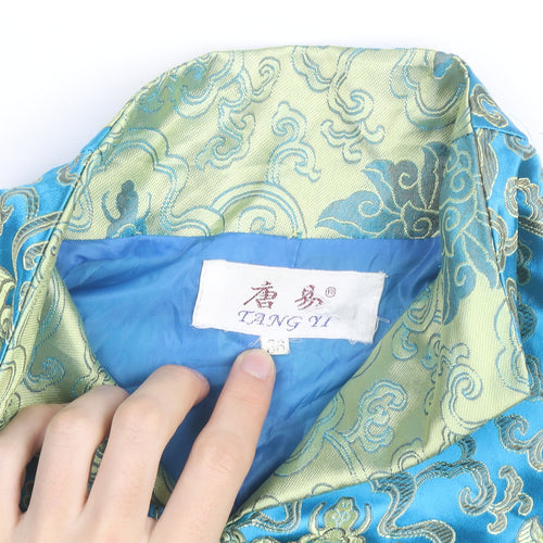 TANG YI Women's Blue Satin Floral Kimono Blouse Size S