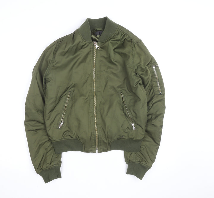 Topshop Women’s Green Bomber Jacket Size 12 Cropped Zip Pockets
