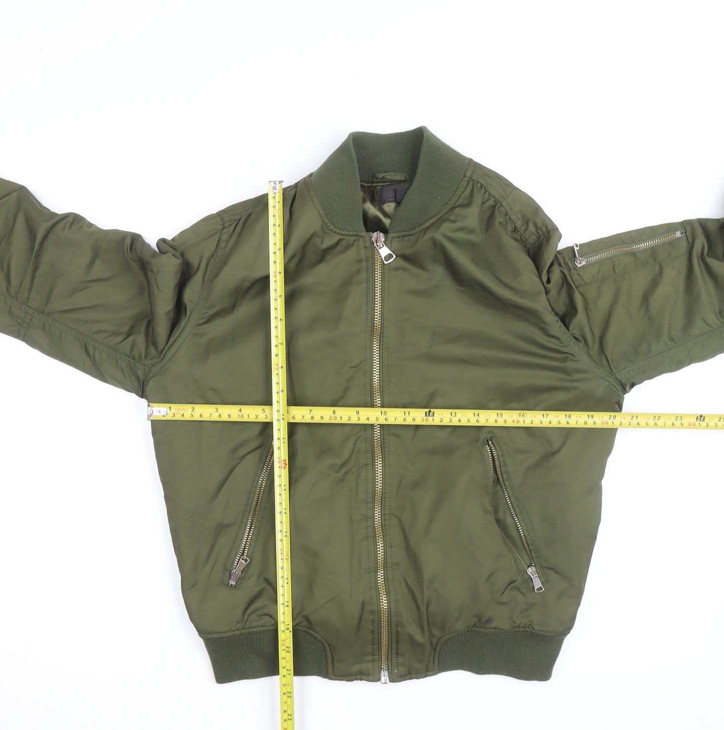 Topshop Women’s Green Bomber Jacket Size 12 Cropped Zip Pockets