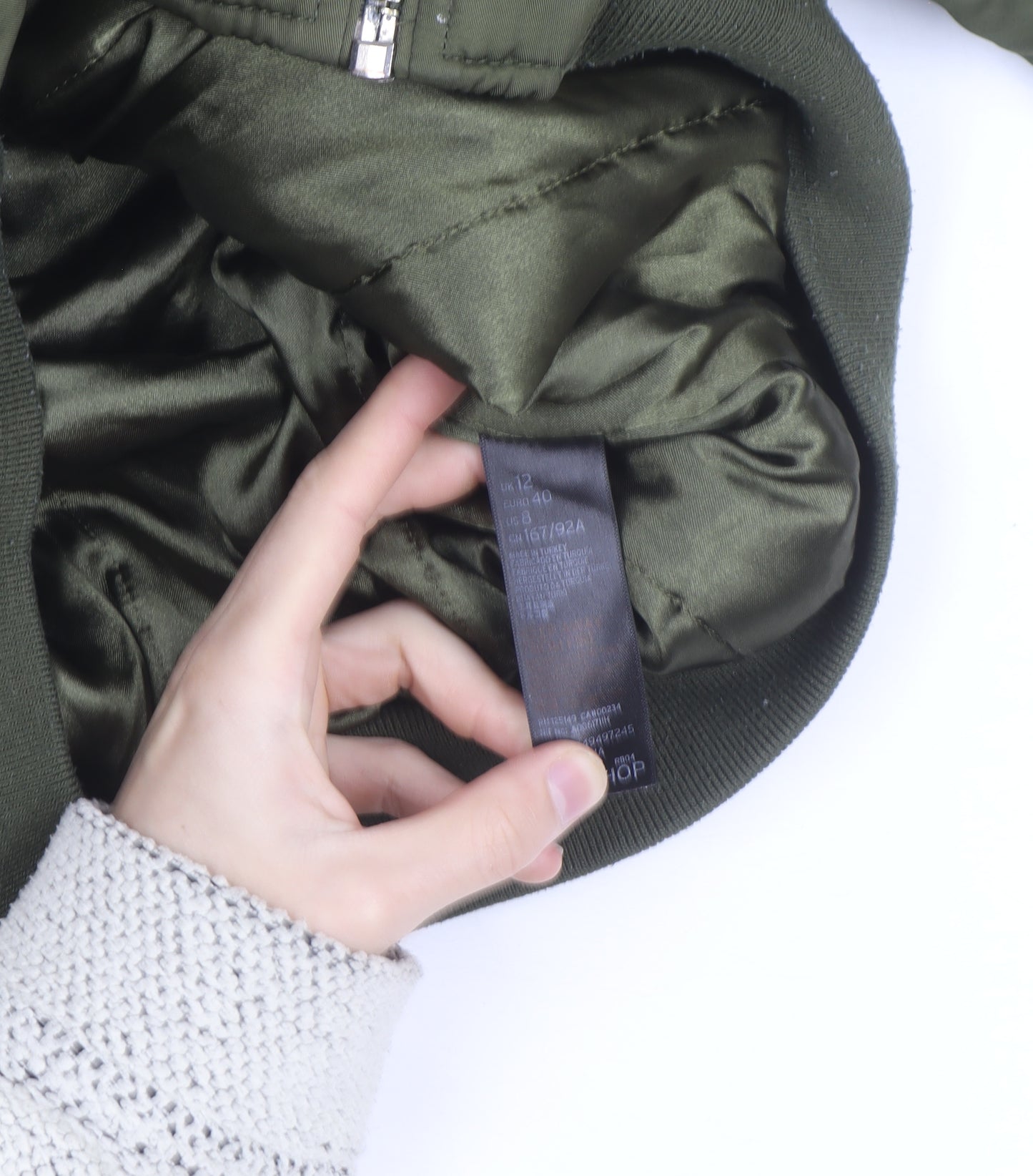 Topshop Women’s Green Bomber Jacket Size 12 Cropped Zip Pockets