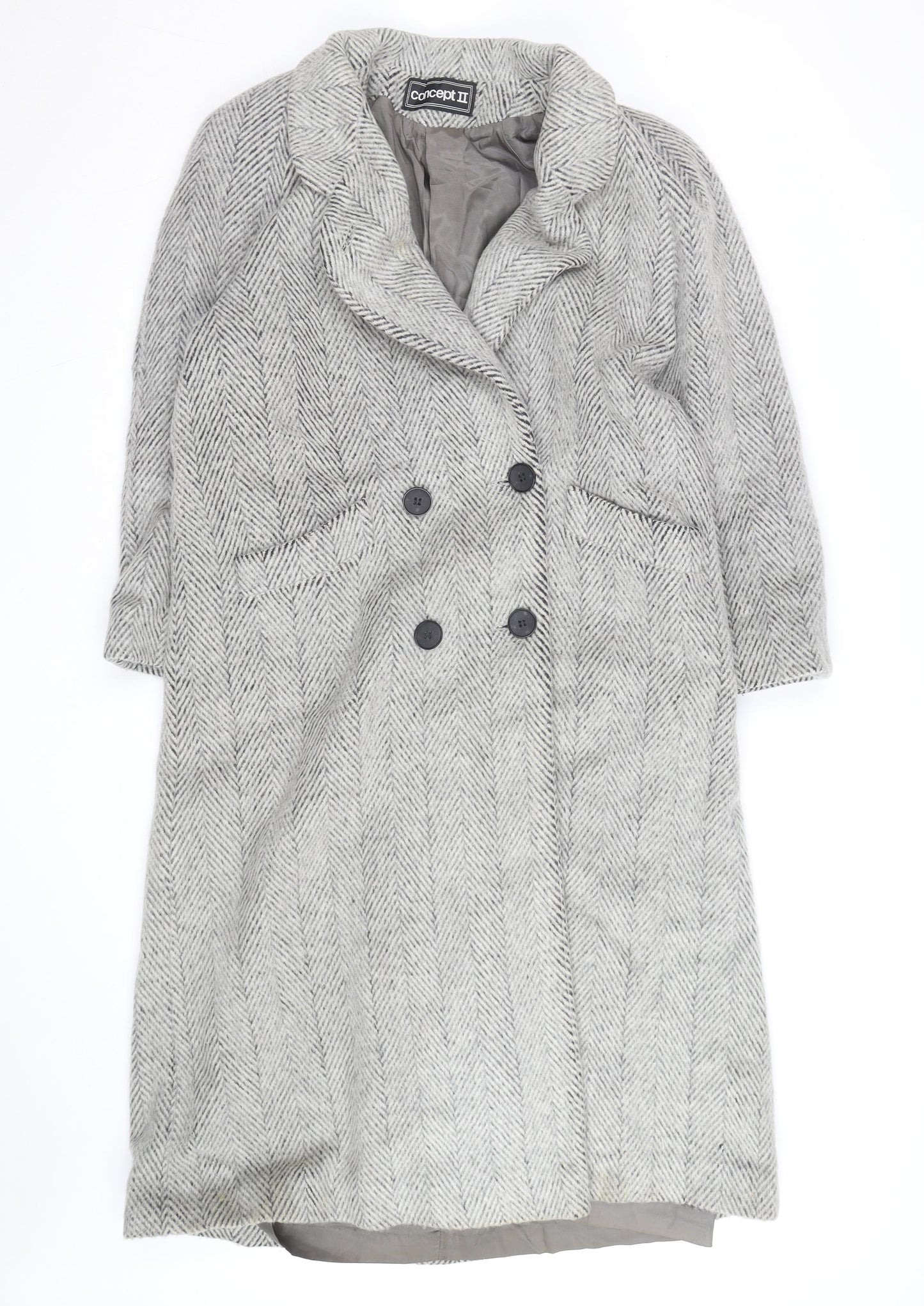 Concept II Women's Grey Wool Herringbone Long Overcoat Size 8