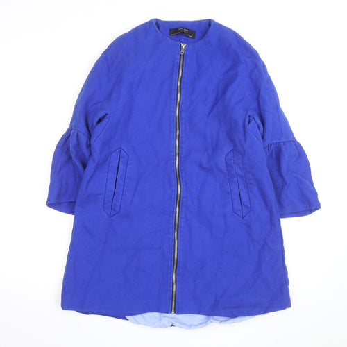 Zara Women Blue Mid-Length Cotton Blend Zip Coat Size S