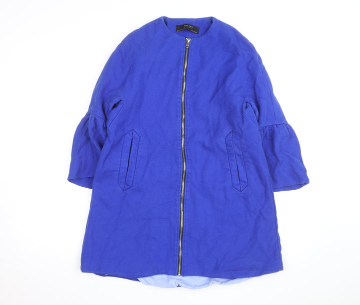 Zara Women Blue Mid-Length Cotton Blend Zip Coat Size S