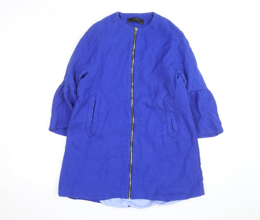 Zara Women Blue Mid-Length Cotton Blend Zip Coat Size S