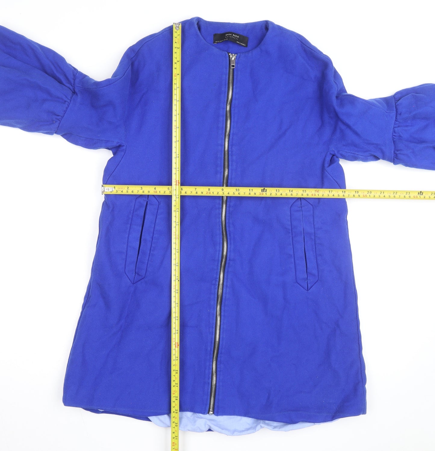 Zara Women Blue Mid-Length Cotton Blend Zip Coat Size S