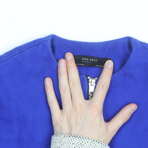 Zara Women Blue Mid-Length Cotton Blend Zip Coat Size S