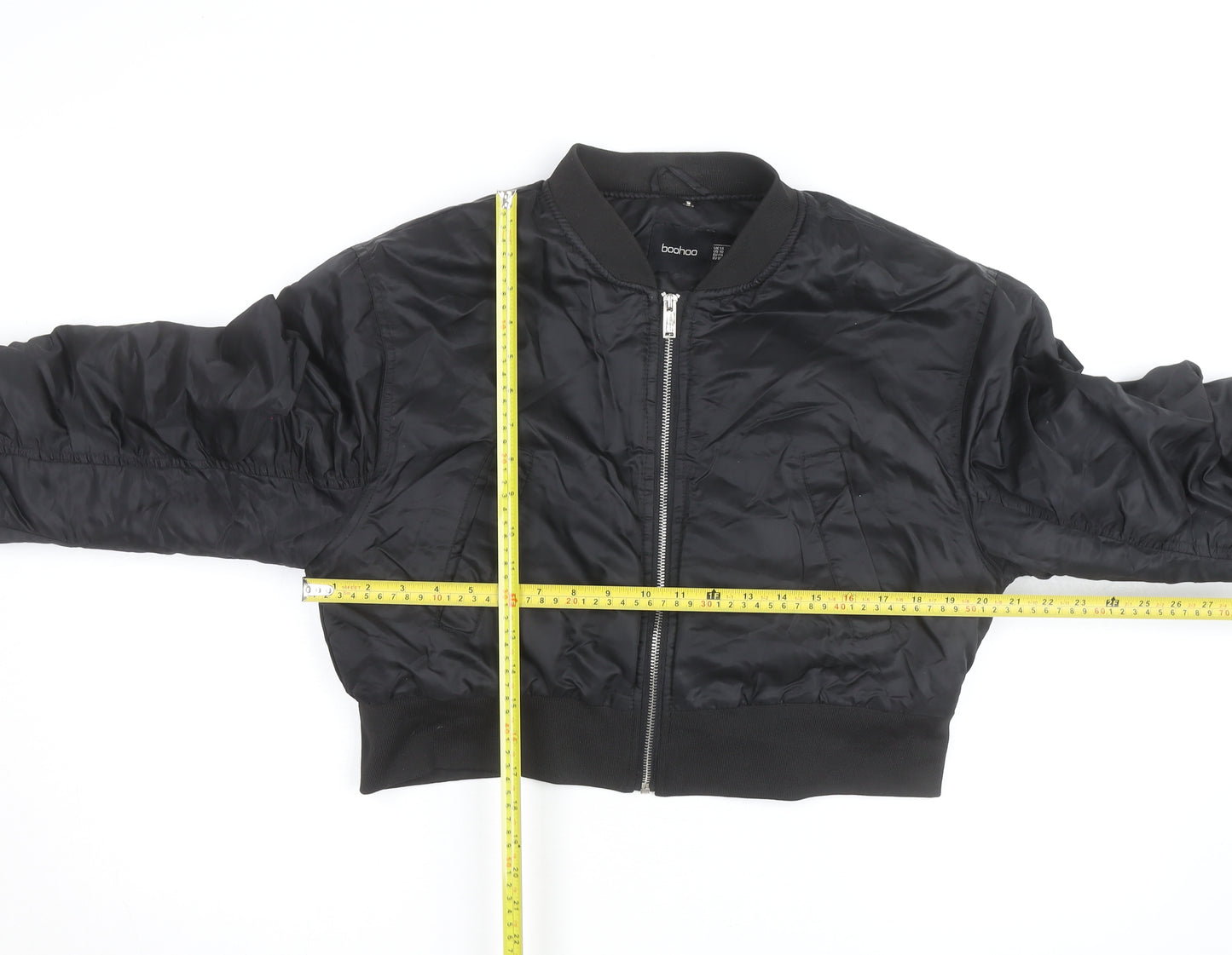 Boohoo Women's Black Cropped Bomber Jacket Size 14