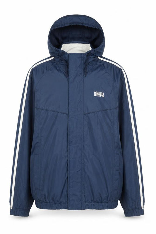 Front view of Lonsdale Men's Blue Hooded Windbreaker Jacket, size M
