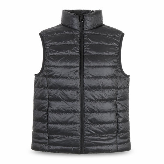 Front view of Boohoo Women’s Black Puffer Waistcoat Gilet, size UK 8, Quilted Zip