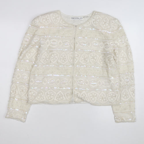 Scala Women Ivory Beaded Sequin Silk Cardigan Size L Formal