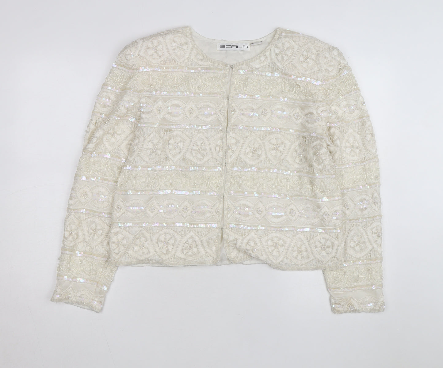 Scala Women Ivory Beaded Sequin Silk Cardigan Size L Formal