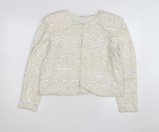 Scala Women Ivory Beaded Sequin Silk Cardigan Size L Formal