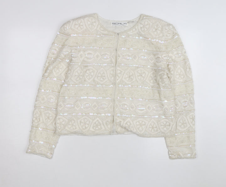 Scala Women Ivory Beaded Sequin Silk Cardigan Size L Formal