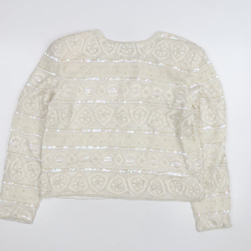 Scala Women Ivory Beaded Sequin Silk Cardigan Size L Formal