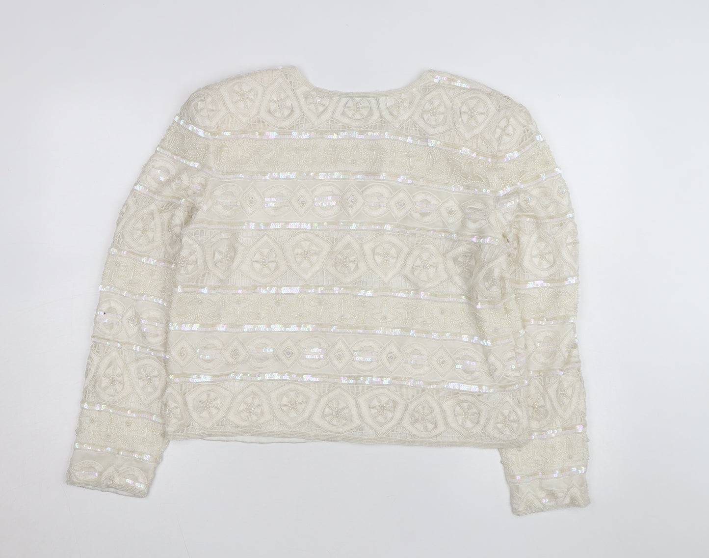 Scala Women Ivory Beaded Sequin Silk Cardigan Size L Formal