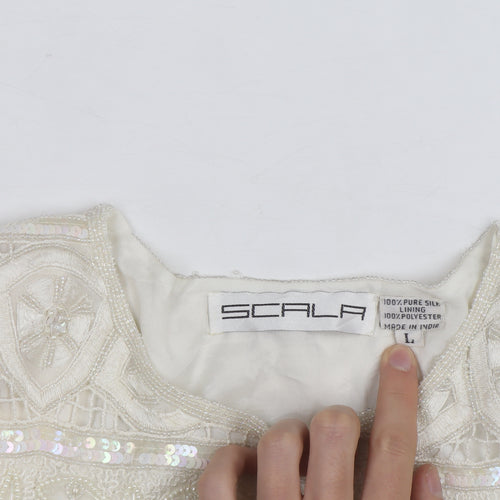 Scala Women Ivory Beaded Sequin Silk Cardigan Size L Formal
