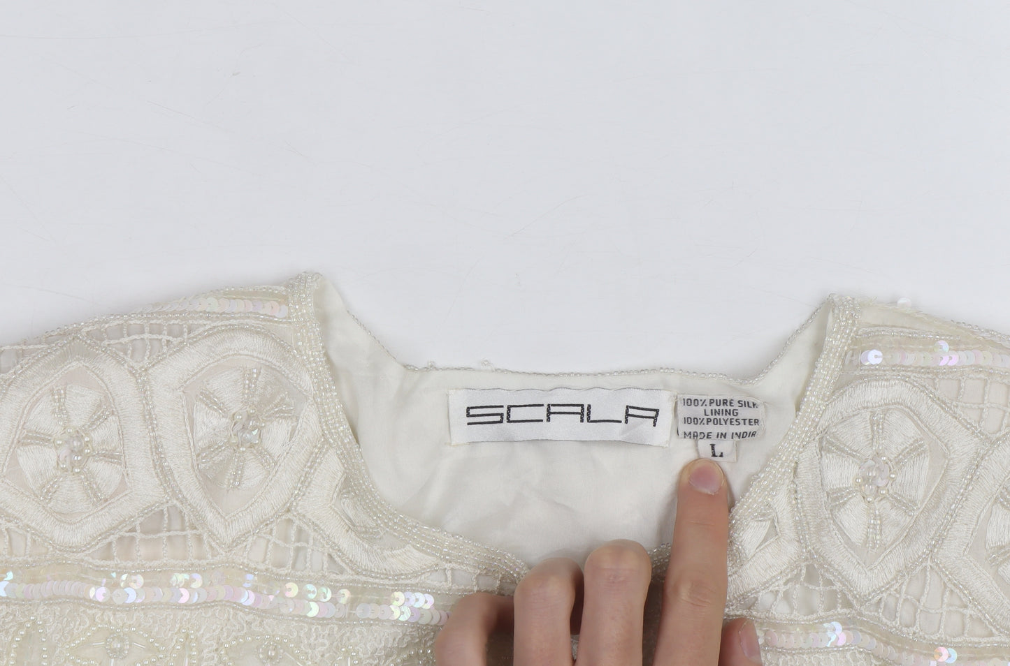 Scala Women Ivory Beaded Sequin Silk Cardigan Size L Formal