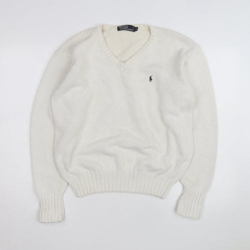 Ralph Lauren Men's Ivory V-Neck Cotton Jumper M Classic Fit