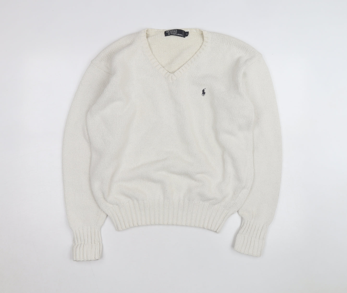 Ralph Lauren Men's Ivory V-Neck Cotton Jumper M Classic Fit