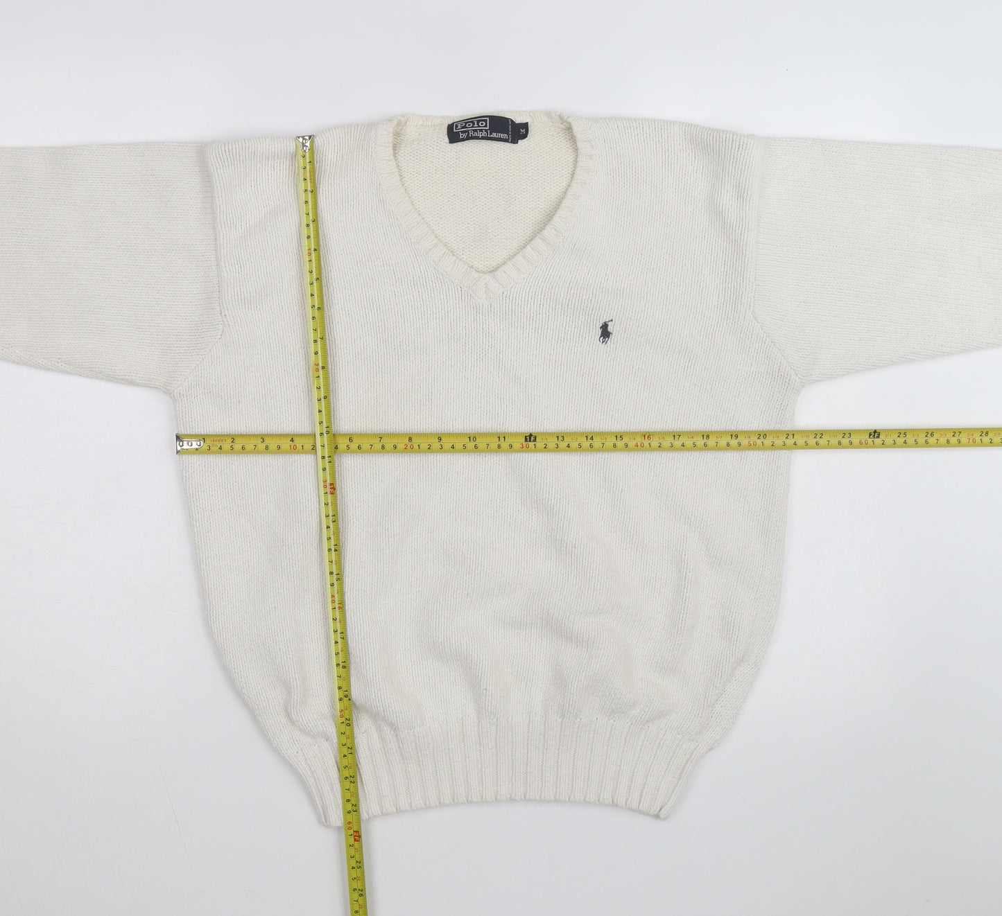 Ralph Lauren Men's Ivory V-Neck Cotton Jumper M Classic Fit