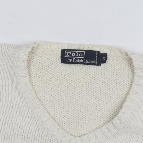 Ralph Lauren Men's Ivory V-Neck Cotton Jumper M Classic Fit