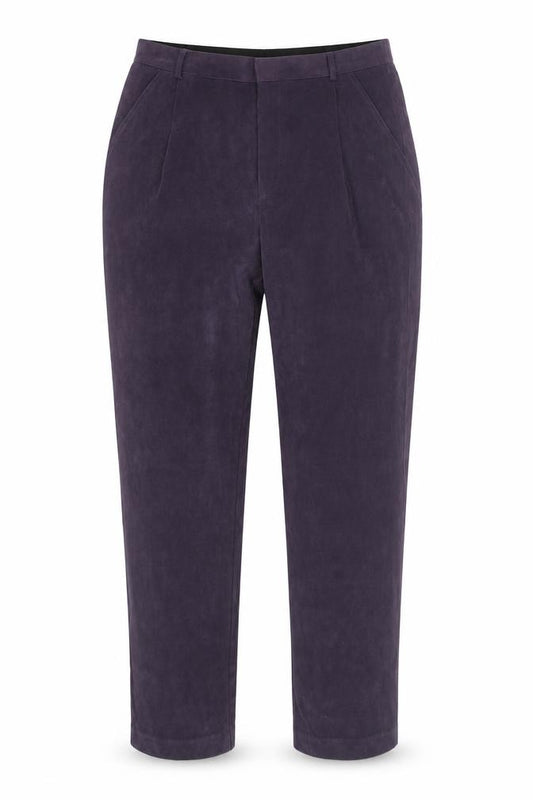 Front view of Elaine Women's Purple Velvet Straight Trousers, size 16, Lined