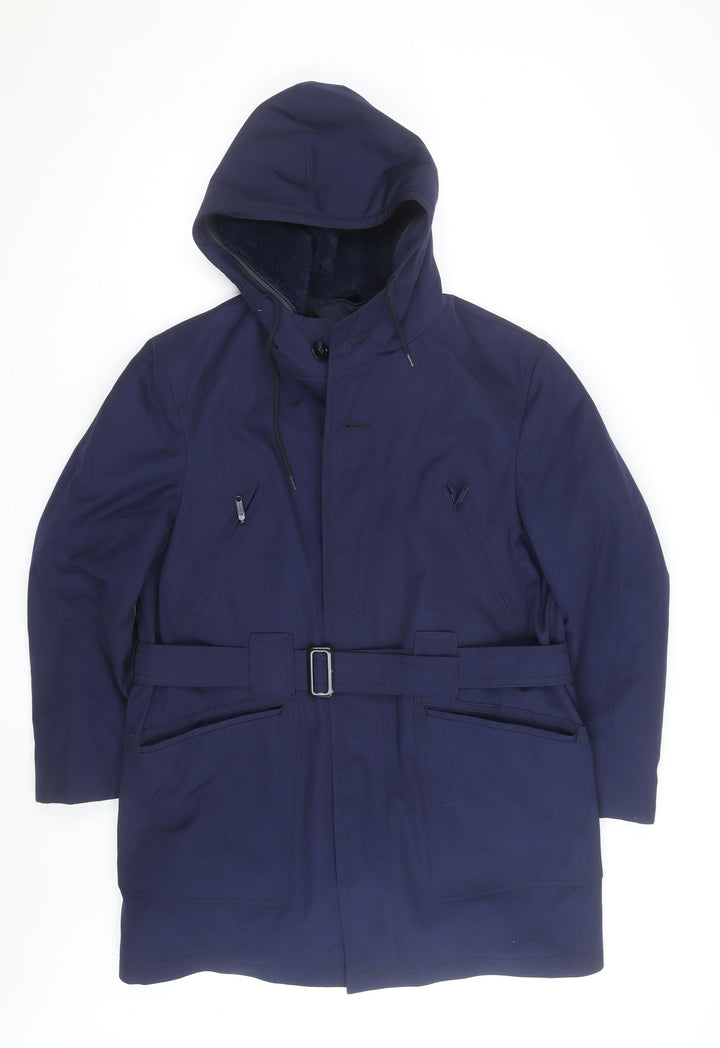Avino Men Blue Hooded Belted Parka Coat Size 41 Regular Fit Winter