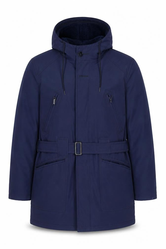 Front view of Avino Men Blue Hooded Belted Parka Coat, size 41, Regular Fit Winter
