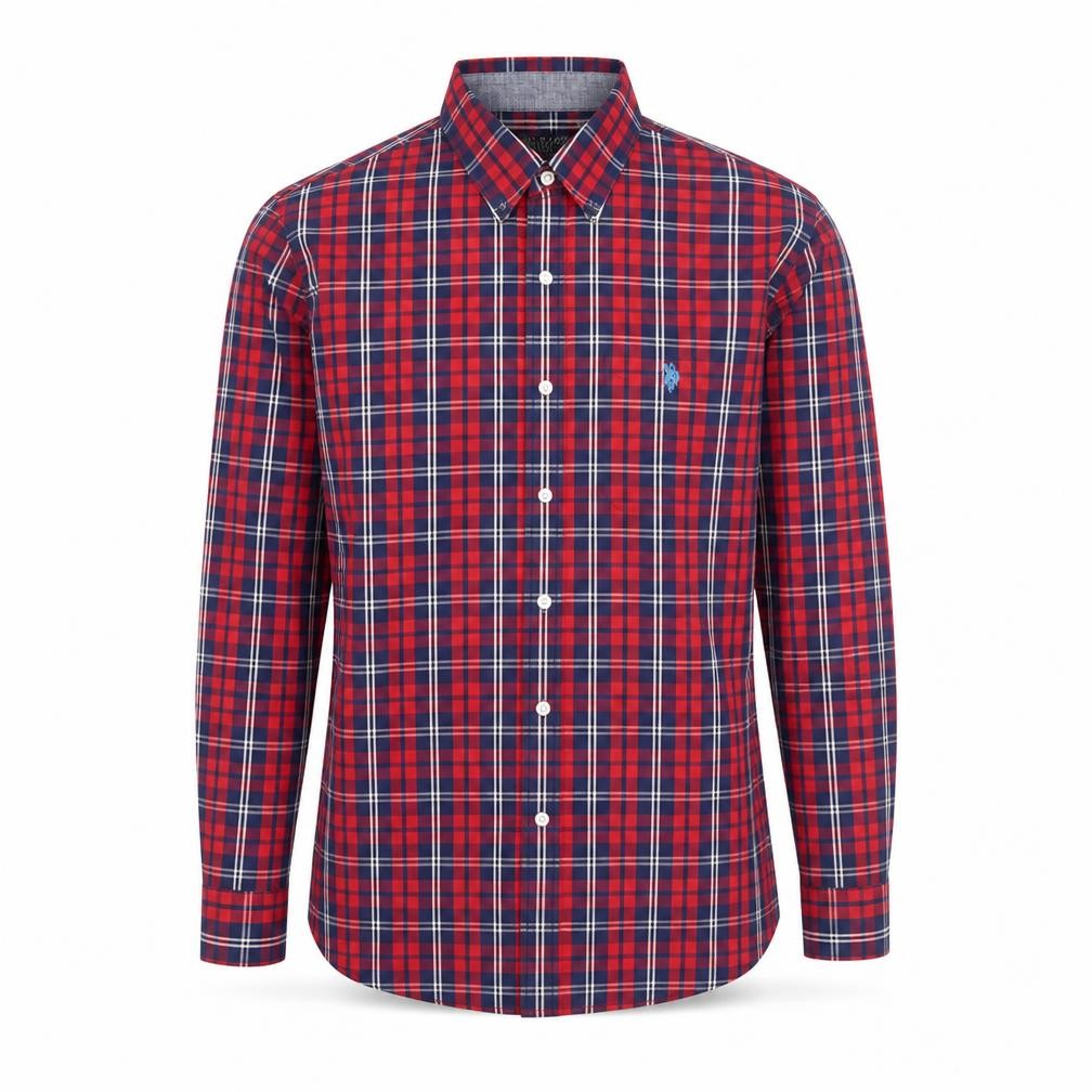 Front view of U.S. Polo Assn. Men's Red Plaid Button-Down Cotton Shirt L