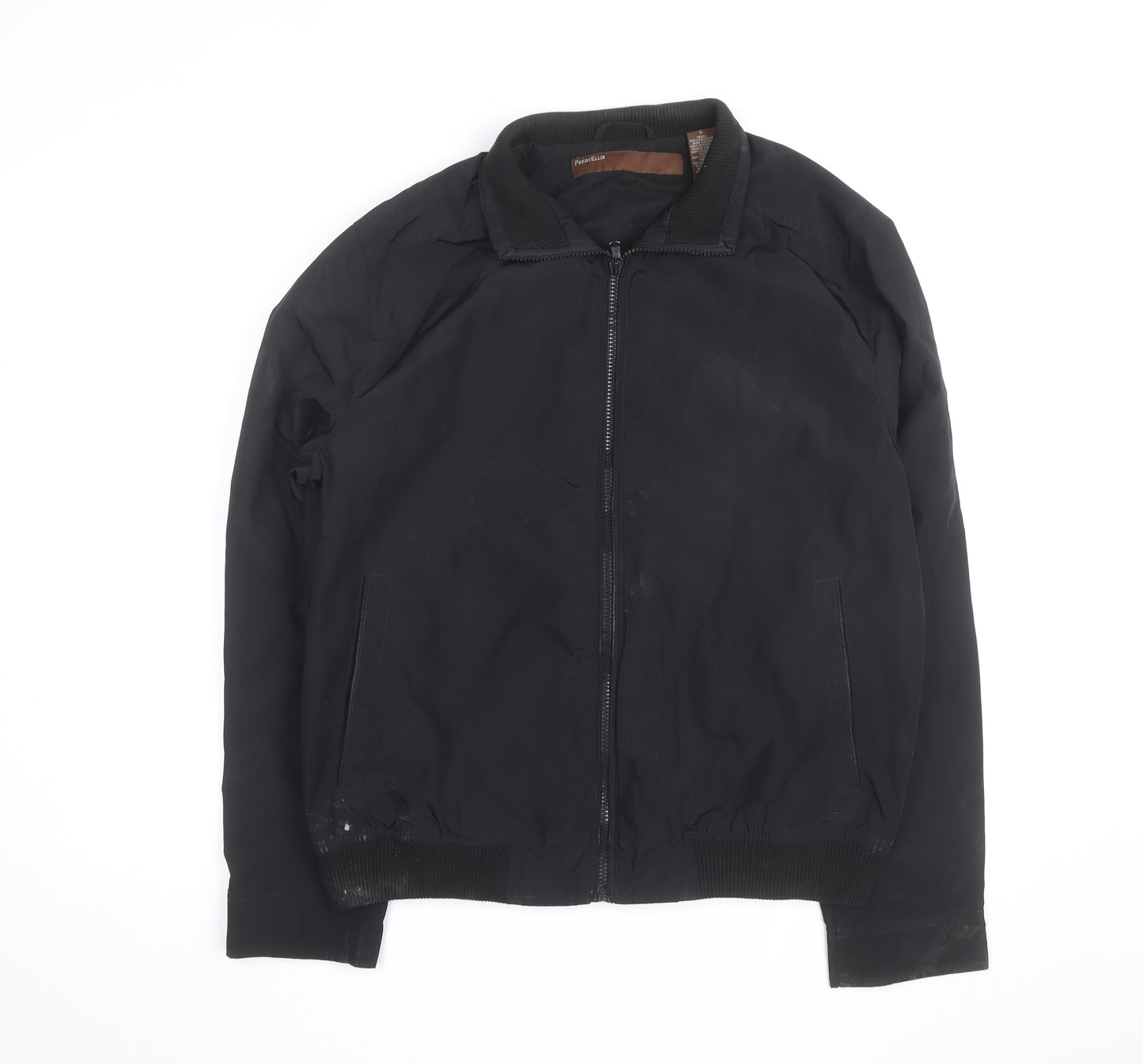 Perry Ellis Men's Black Bomber Jacket L Full Zip Polyester Casual