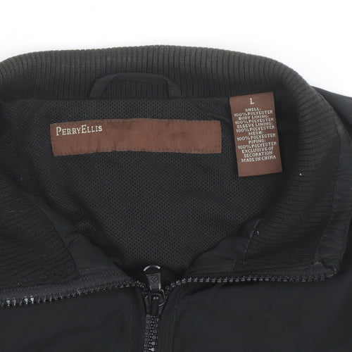 Perry Ellis Men's Black Bomber Jacket L Full Zip Polyester Casual