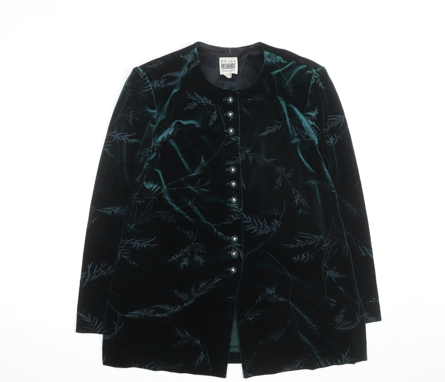 R&M Richards Women’s Green Velvet Floral Overcoat Size 10