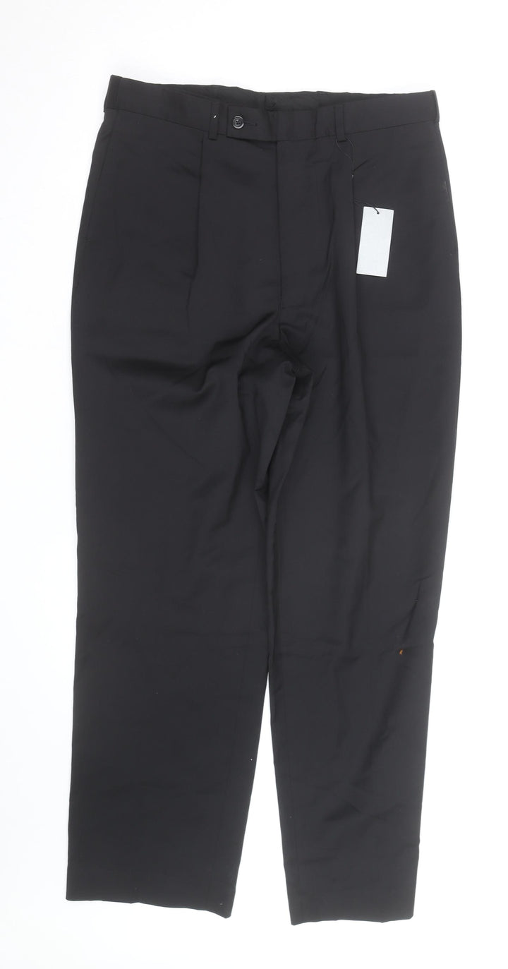 Men’s Black Wool Blend 32R Pleated Formal Dress Trousers