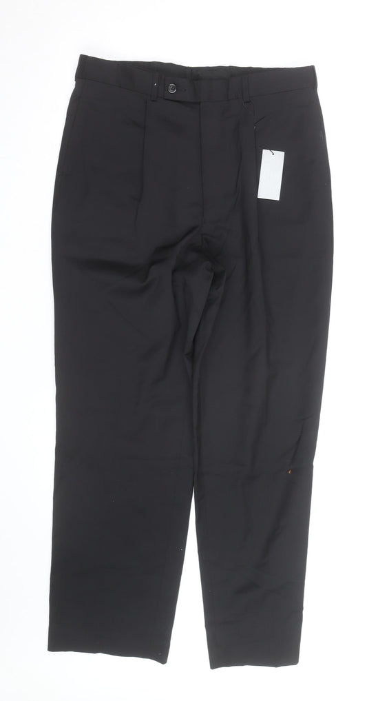 Men’s Black Wool Blend 32R Pleated Formal Dress Trousers