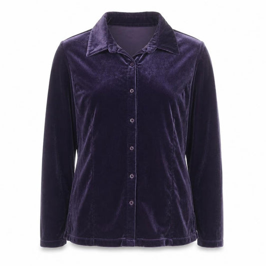 Front view of Carolyn Taylor women’s purple velvet button cardigan, size S
