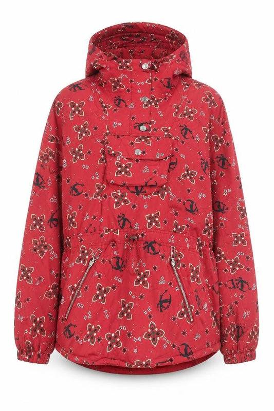 Front view of L.L. Bean Women's Red Floral Anorak Jacket Hooded Medium