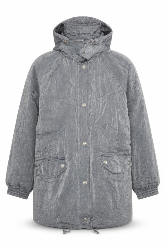 Front view of Campton J men’s grey hooded parka jacket, size L, nylon rayon