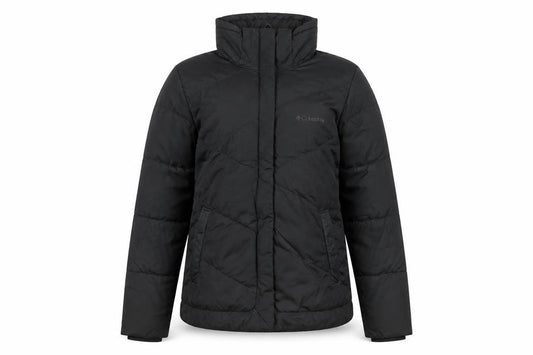 Front view of Columbia women’s black m puffer jacket winter insulated mid-length