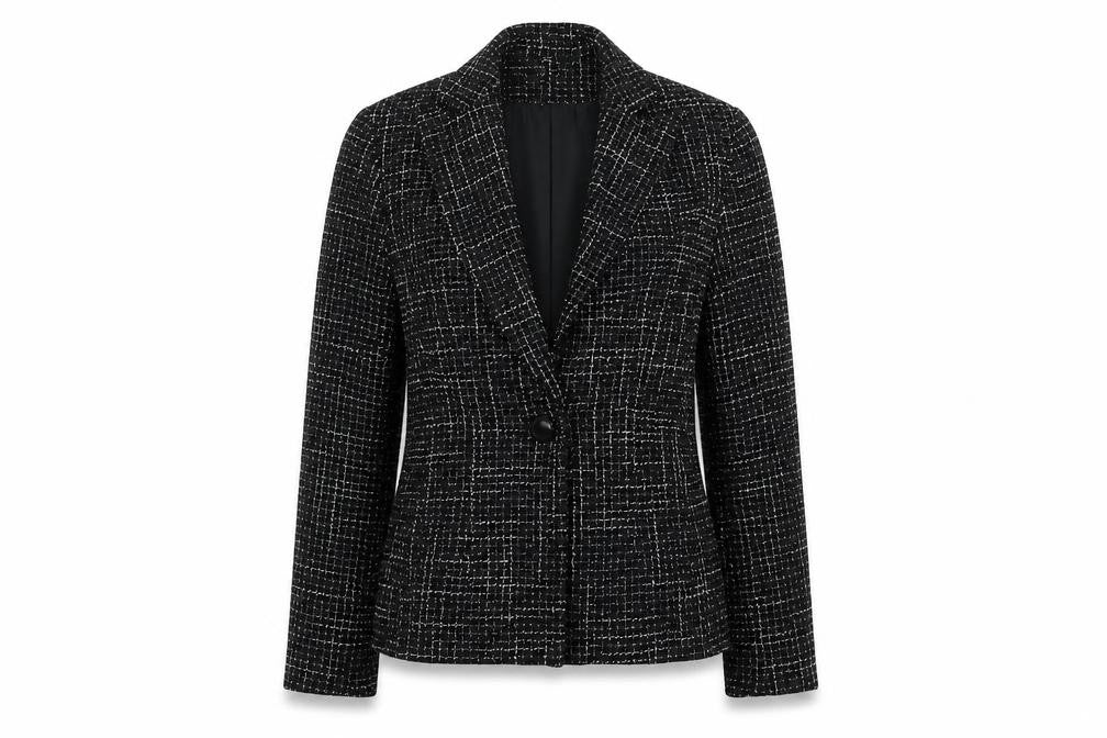 Front view of Louben Laura Petites Black Tweed Wool Blend Single-Breasted Blazer Size 6P