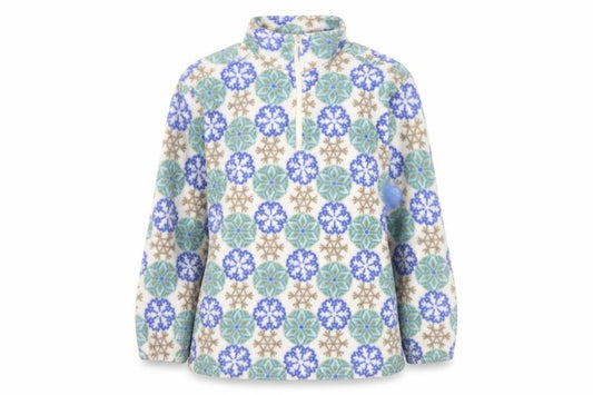 Front view of Out Brook women’s beige blue snowflake 1/2 zip fleece sweatshirt, size S
