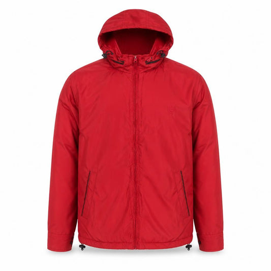 Front view of CHAPS Men’s Red Hooded Puffer Jacket XL Polyester Full Zip