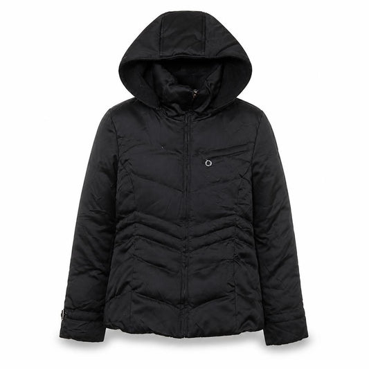 Front view of DKNY women’s black s hooded puffer jacket winter coat